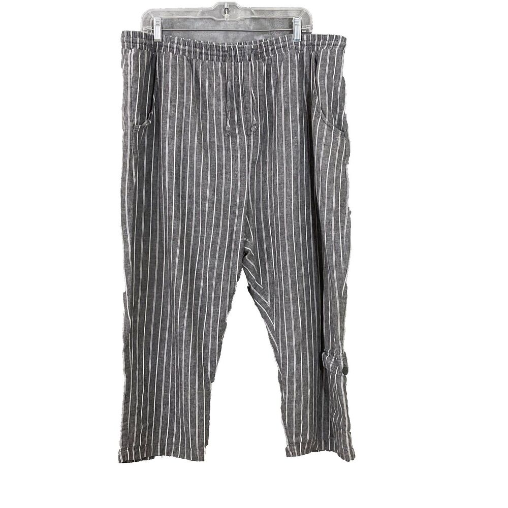 Linen Blend pants women’s 1X gray cargo pocket Striped crop elastic string Waist